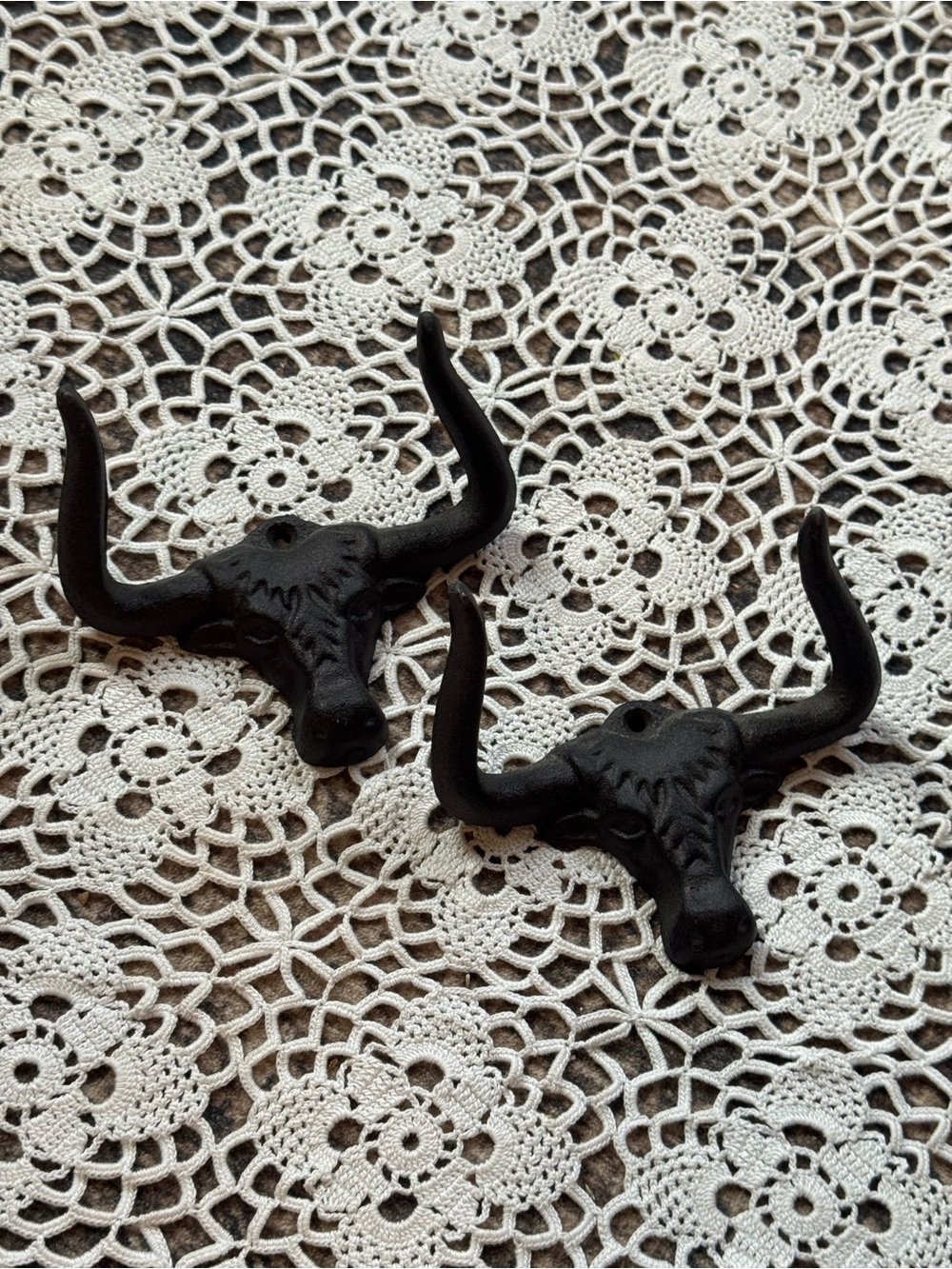 Cast Iron Longhorn Bull Head Wall Hooks Set of 2 Western Decor